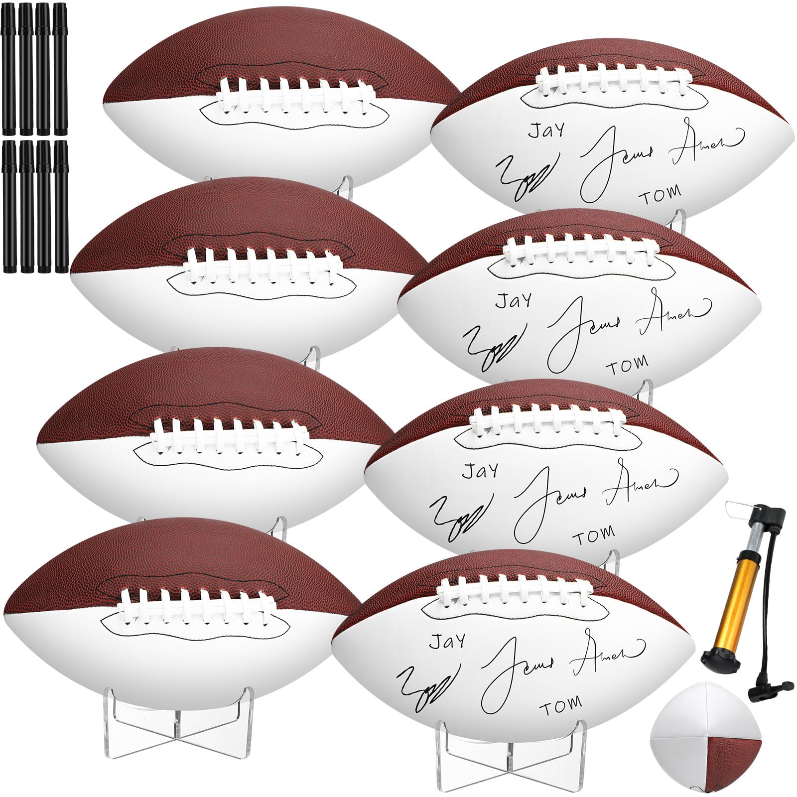 8 Pcs Autograph Football Official Size 9 Inflatable American Football Ball with 8 Stand 8 Signature Pen and 1 Pump for Trophy Anniversary College Graduation Football Coach Gifts