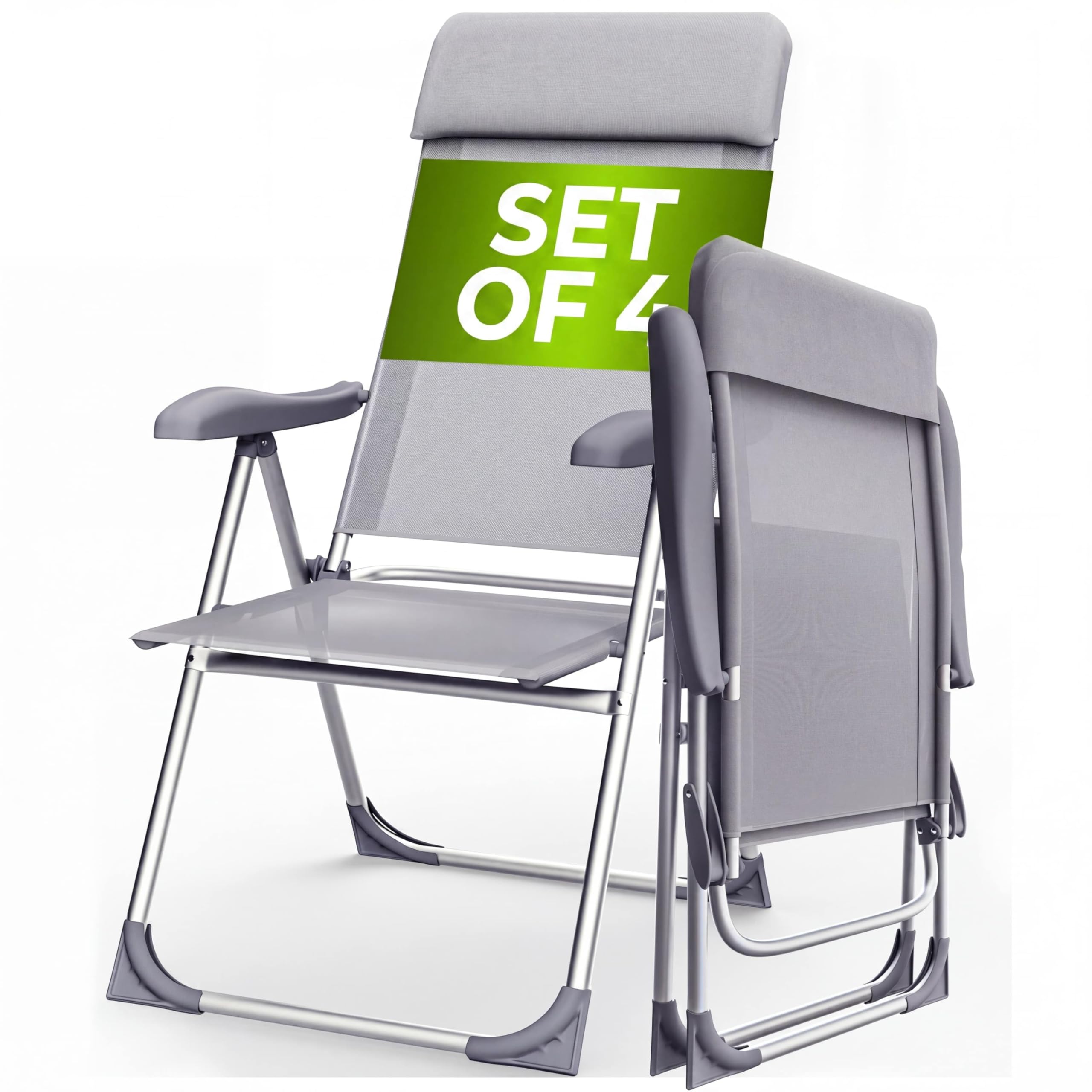 CASARIA® 4x Aluminium High Back Folding Garden Chairs | Lightweight 7-Way Adjustable Backrest Armchairs Set | Padded Headrest | Patio Balcony Camping Outdoor | Grey/Grey — image 1