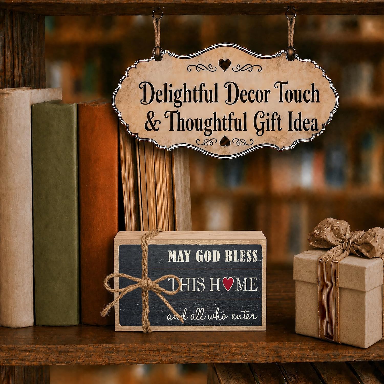 Farmhouse Home Decor For Shelves, Wooden Tabletop Tiered Tray Decorations, May God Bless This Home And All Who Enter, Retro Christian Block Housewarming Gifts For Women Men, 01