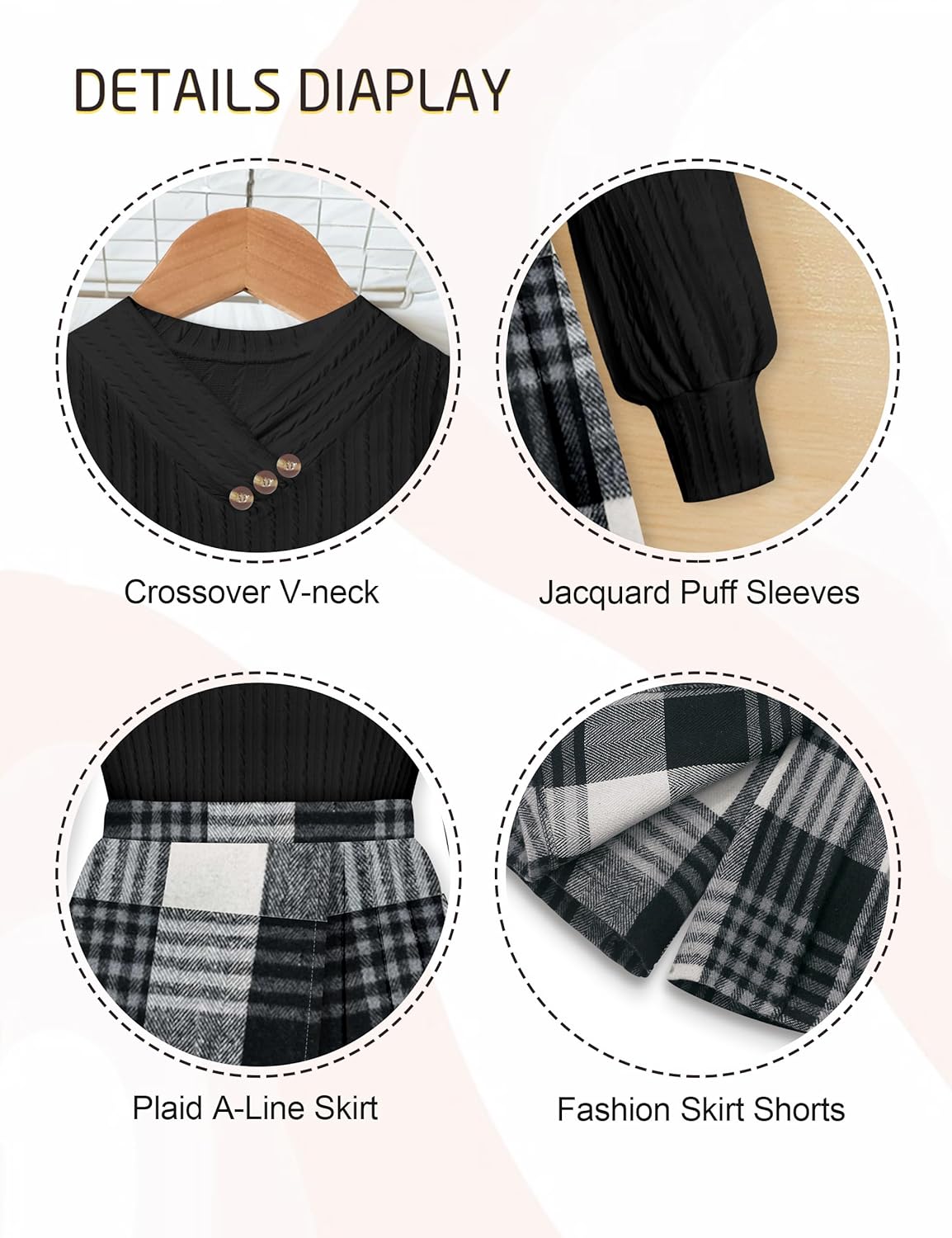 Girls Clothes Skirt Sets V-neck Jacquard Puff Sleeve Shirts Top Plaid Mini Skirt Shorts Girls Outfits with Beret 7-14Y - Image 6