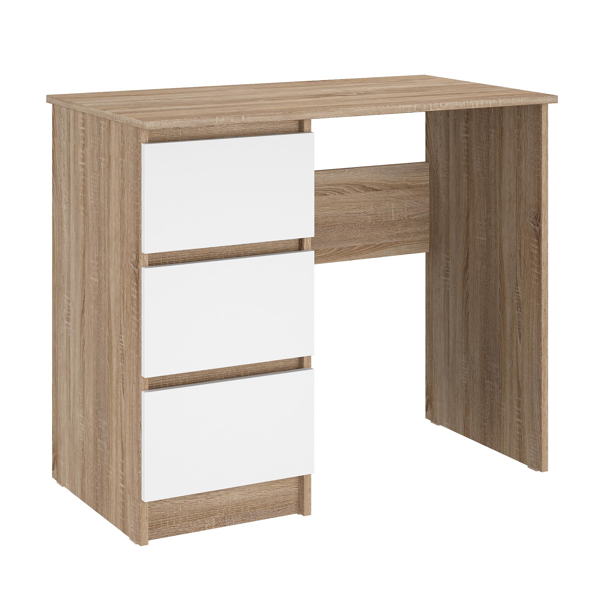 Shefa Line Cina Desk with Drawers - 90 x 50 cm Small Work Table, 3 Practical Drawers for Optimal Organisation, Office Table, Dressing table, Computer Desk, Children's Desk, Sonoma oak/White