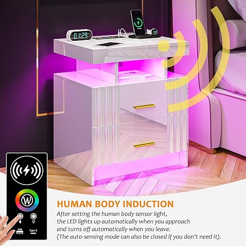 Miniatura 5 de SKKTKT Mesita de noche con estación de carga, mesita de noche LED blanca con 2 cajones, mesa de noche de alto brillo con sensor automático de luces