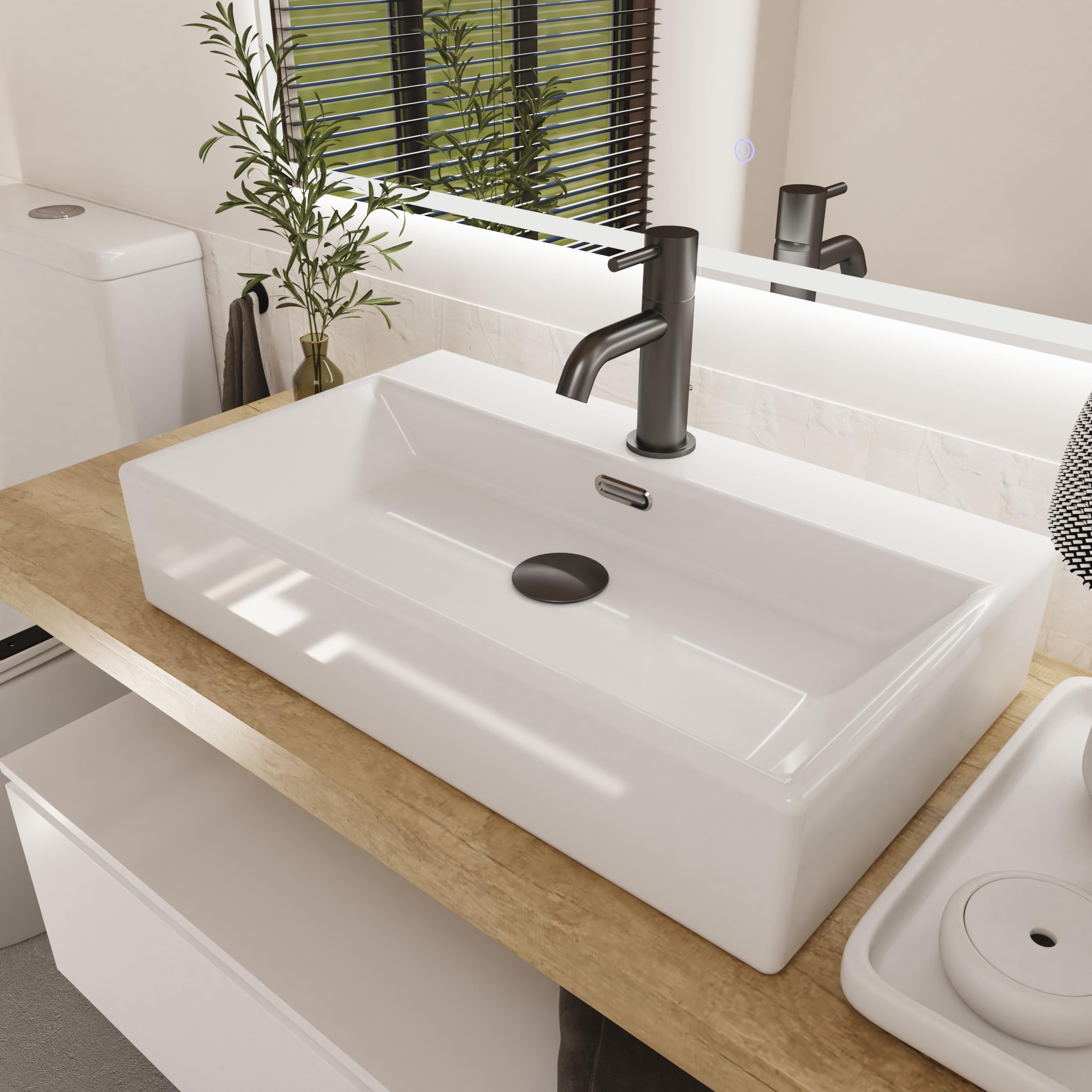 BAIKAL - Lavabo Cerámico sobre Encimera. Lavabo Recto en acabado Blanco Brillo. Medidas 61 x 36 x 13 cm. Con orificio para grifo. Envío con Embalaje Reforzado