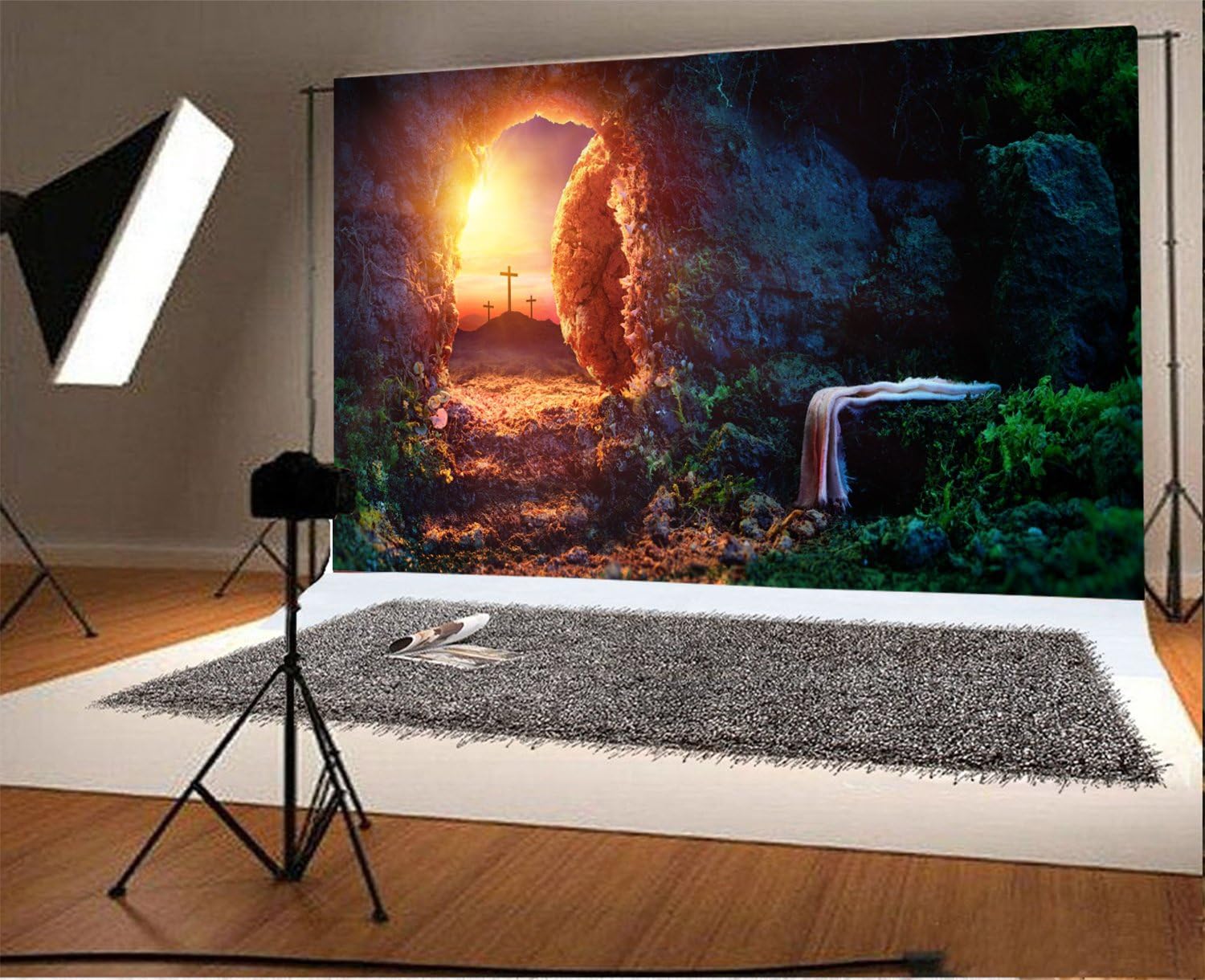 Leowefowa 10x8ft Resurrection of Jesus Backdrop Easter Sunrise Holy Light Empty Tomb Remote Peak Three Crosses Background for Photo Bible Story Church Mural Sanctuary Decor Christianity Wallpeper