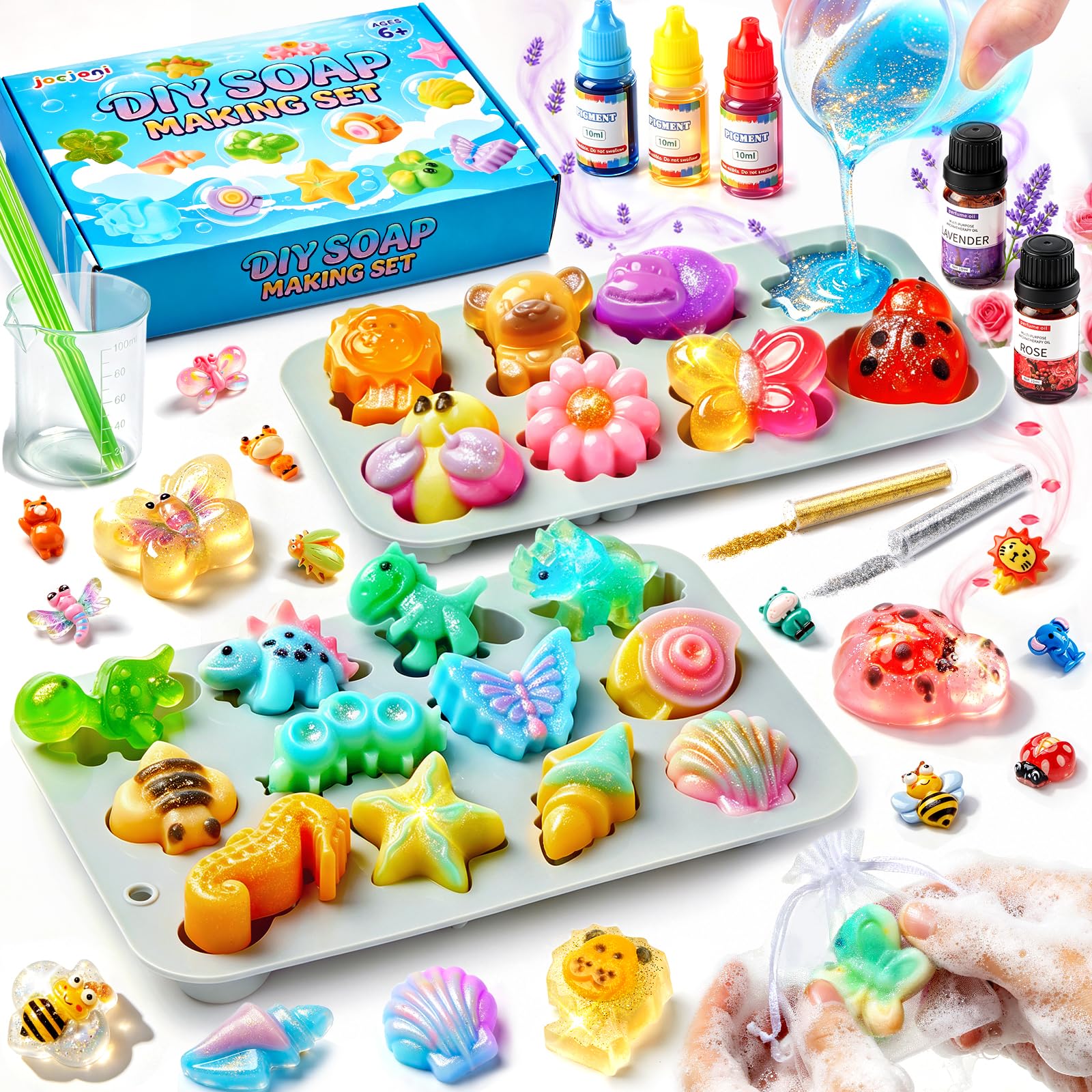 JOEJONI Kids DIY Soap Making Kit, Arts and Crafts Set for Ages 6+, Soap Making Supplies with 20 Molds, White & Clear Soap Base, Liquid Dye, Essential Oil, Glitter, Full Accessories
