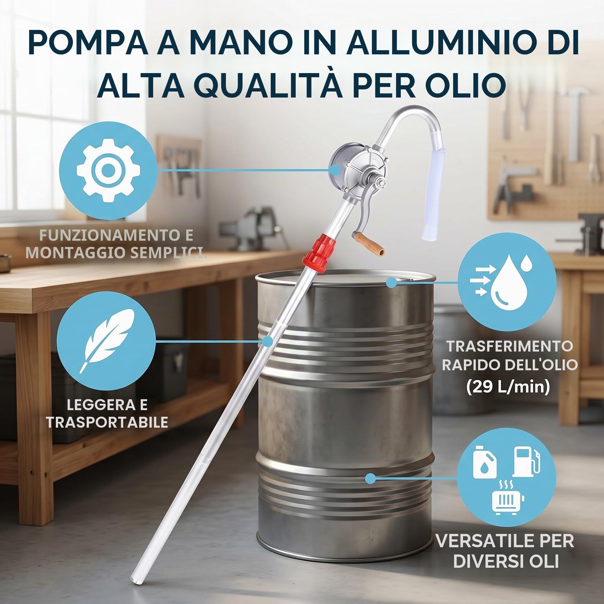 Pompetta Rotante a manovella, Pompa a Tamburo 'Olio a manovella, Kit Pompa Manuale Rotante per Carburante, Pompa a Mano in Lega di Alluminio Resistente per trasferimento Olio, Pompa a