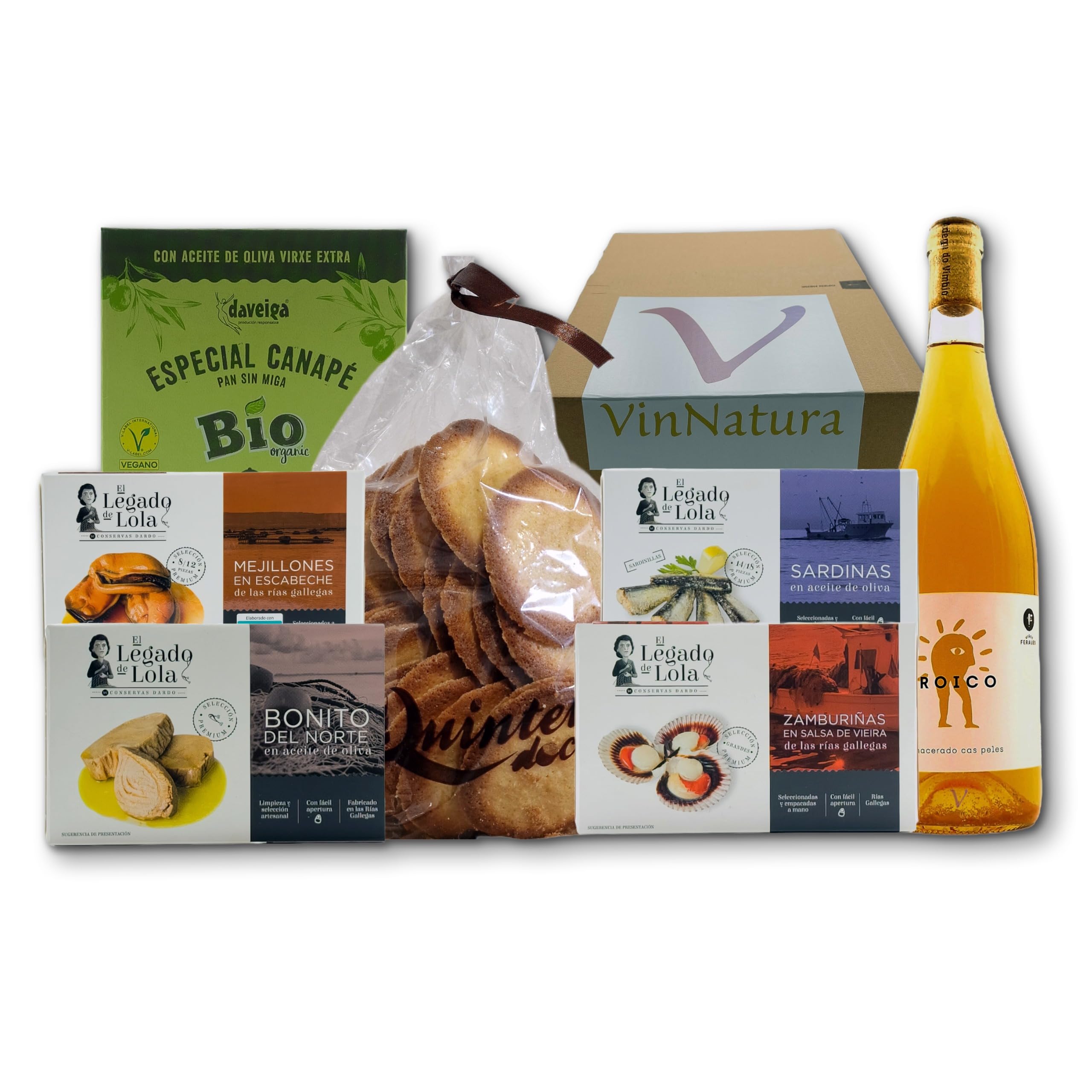Caja Gourmet Arousa de VinNatura con Conservas Artesanales y Vino Naranja | Regalo gourmet gallego, regalos de empresa, cesta con vino, elaboración tradicional, tarjeta personalizable