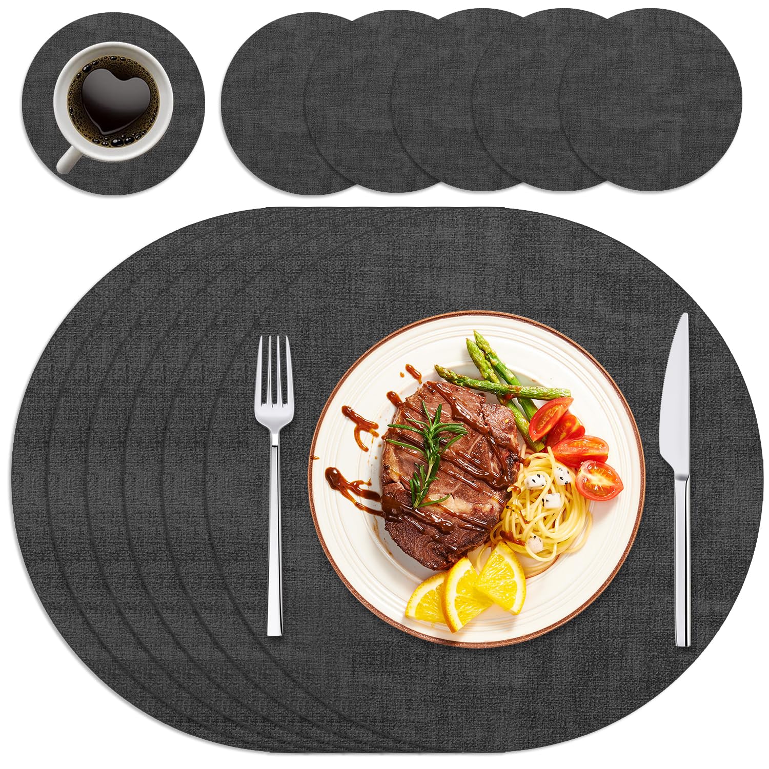 Sets de table ronds en cuir synthétique gris 43 cm lavables et thermorésistants