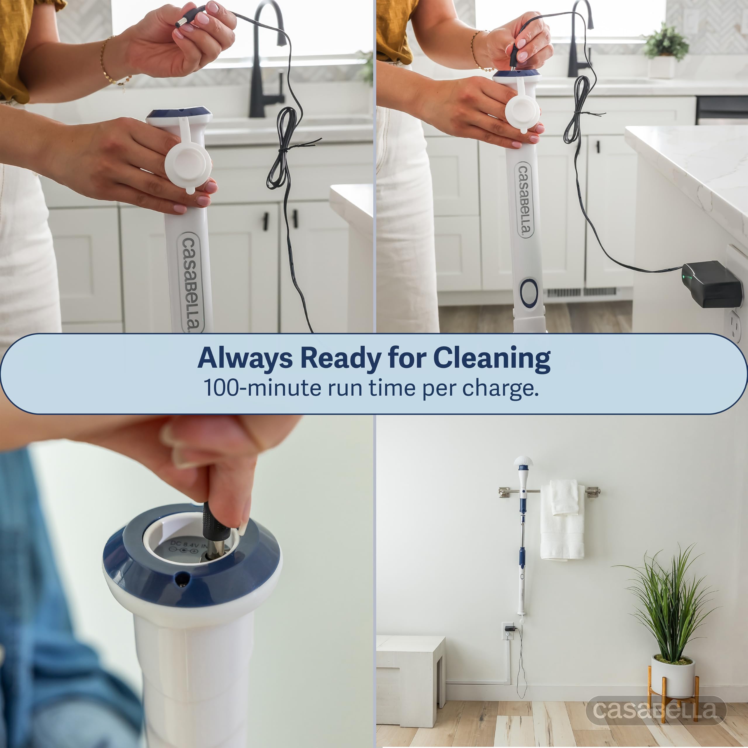 Casabella Power Spin Scrubber allungabile fino a 120,7 cm – Pulitore elettrico senza fili per doccia, cucina, bagno, piastrelle, vasca, auto, ponte – Spazzola rotante ricaricabile con testina