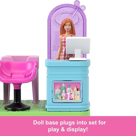 Hair Salon, JCR32 with Barbie Mini BarbieLand collectible play set, 4cm doll, mirrored hair salon, shampoo section and storytelling welcome table