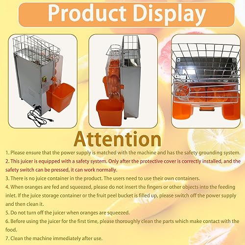 Miniatura 9 de Máquina exprimidora naranja comercial de 110 V, extractor automático de acero inoxidable naranja con engranajes de acero, 2 cáscaras que recogen
