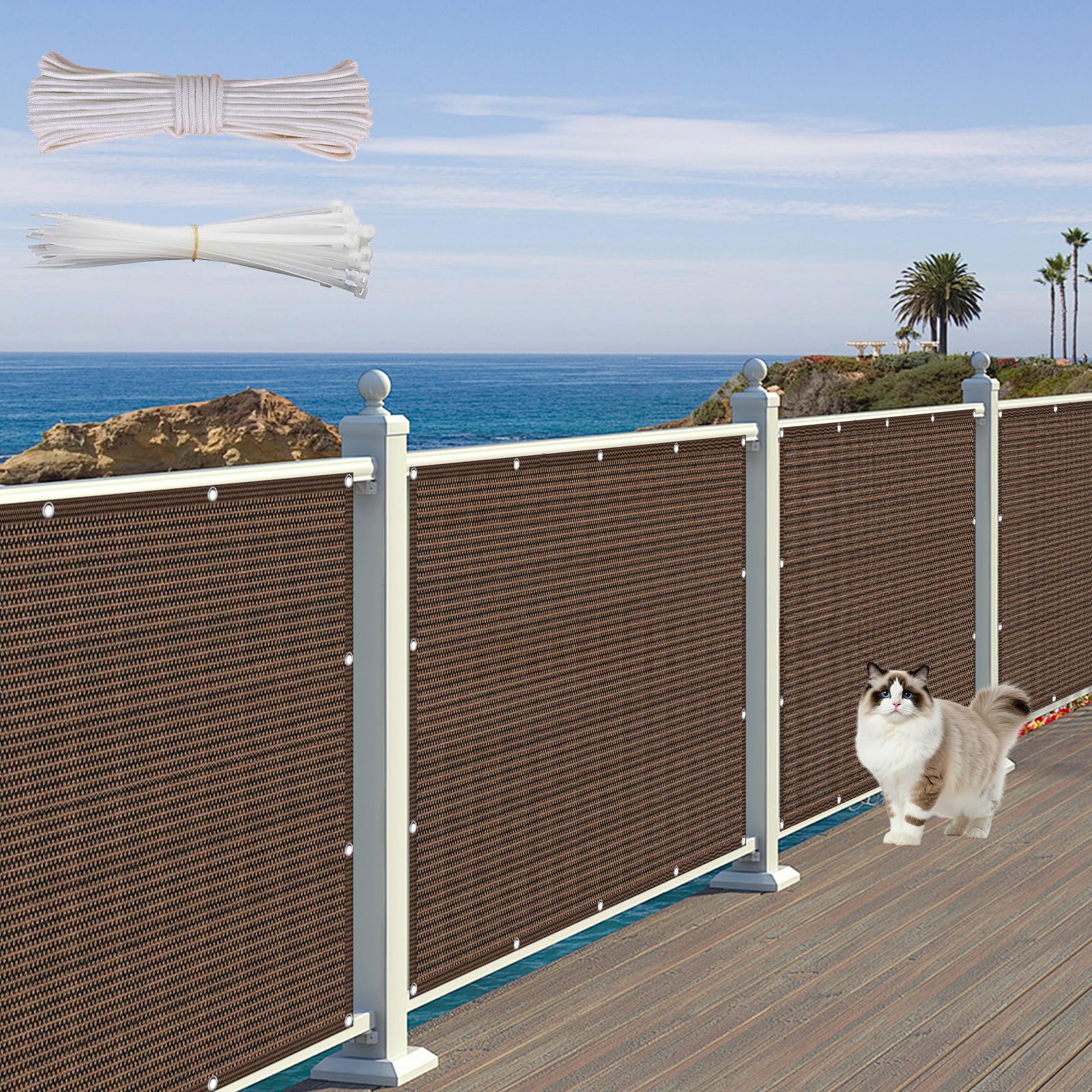 Telo Balcone 80 x 700 cm in HDPE 220G ㎡, Frangivento, Protezione Solare, Permeabile, Anti-Uv, Privacy Recinzione Copertura con Fascette e Funi para Exterior Terraza, Marrone