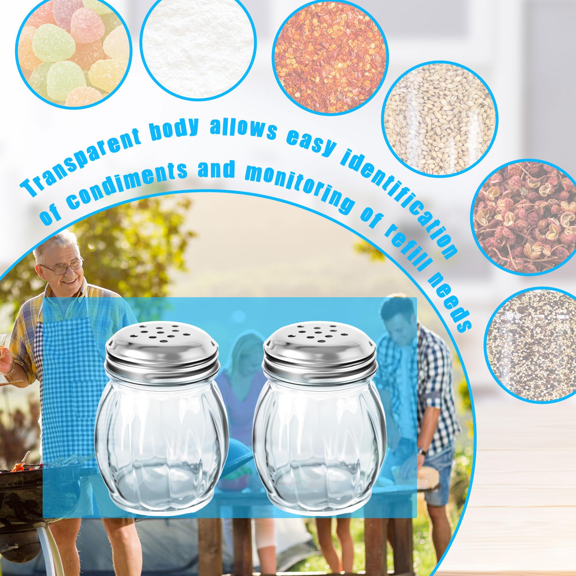 Paquete de 24 cocteleras de especias de vidrio de 6 onzas con tapa perforada de acero inoxidable transparente, salero y pimentero para el hogar, cocina, restaurante, suministros