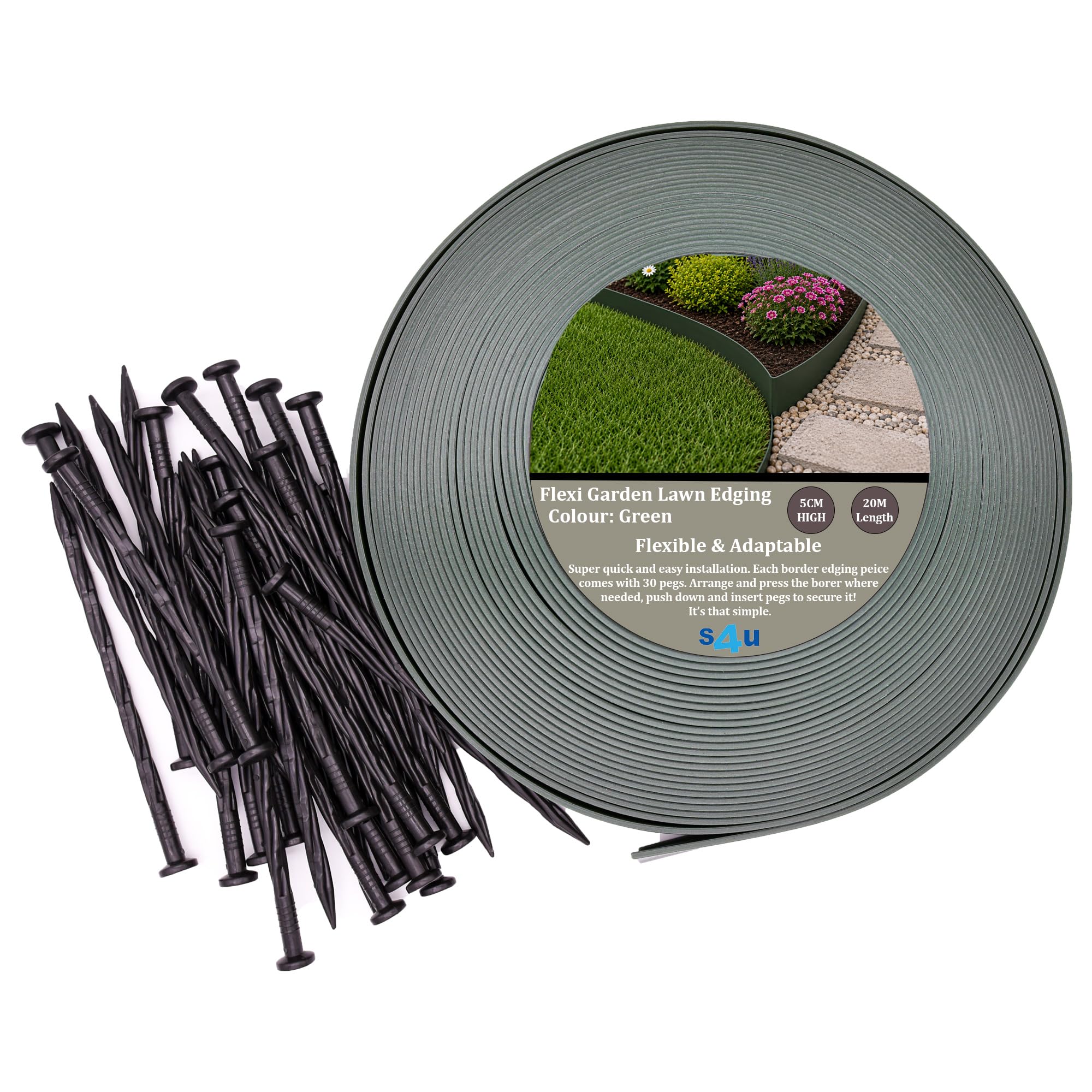 Flexible Lawn Edging Garden Border with Heavy-Duty Ground Stakes Flexible Flower Bed Lawn Edging Border, Plastic Pegs, Landscape Divider Weather Resistant (5x5cm 20M - Green)