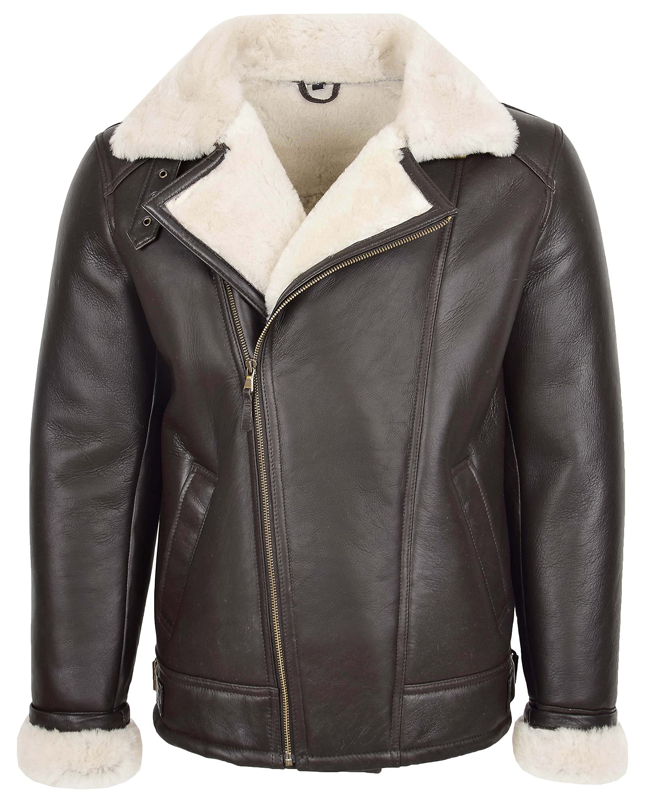 House Of Leather Mens Real Sheepskin Jacket Aviator Pilot Flying Style Cross Zip Blen (L, Brown White)