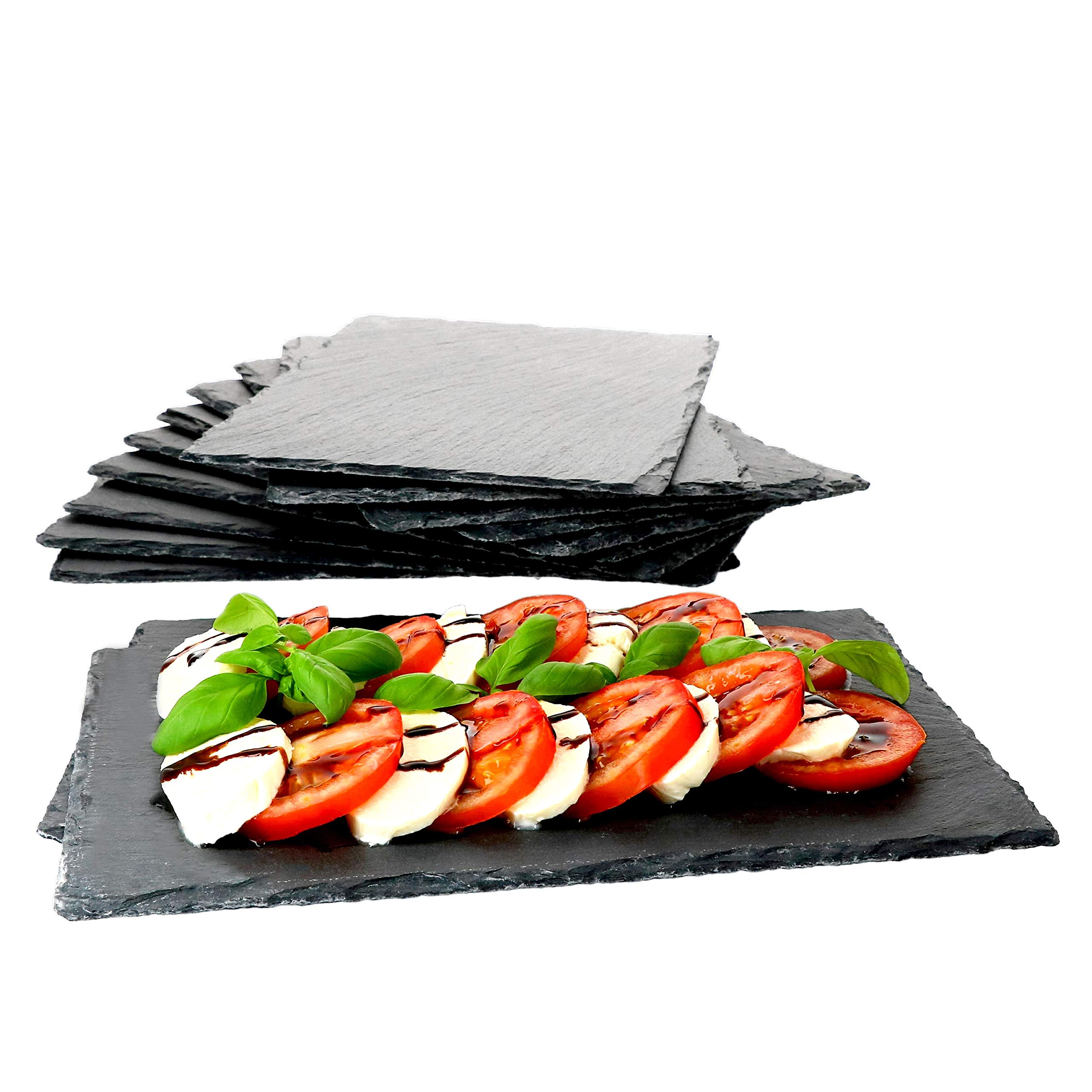 MamboCat Lot de 12 plaques en ardoise 20 x 30 cm - Assiettes rustiques en ardoise - Bords cassés naturels - Idéal comme plateau à sushi et assiettes de présentation - Noir
