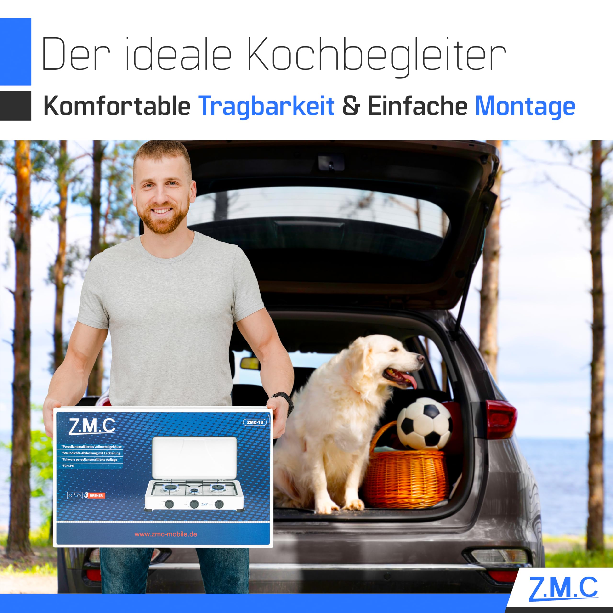 Z.M.C Kempingowa kuchenka gazowa z trzema palnikami, w zestawie wąż + regulator, gaz LPG, zoptymalizowany / dwa palniki każdy po 2,2 kW oraz palnik 1,0 kW, zużycie 393 g/h, 2 stopnie zużycia
