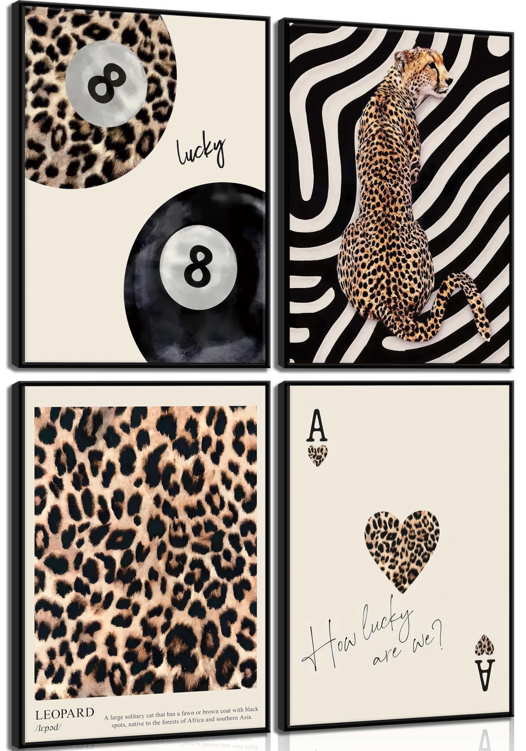 4Pcs Trendy Leopard Canvas Wall ArtCheetah Preppy Aesthetic Room Wall Decor Chic Leopard Ace Card Posters Prints Funky Lucky 8 Ball Painting Pictures for Girls Bedroom Apartment Dorm Unframed