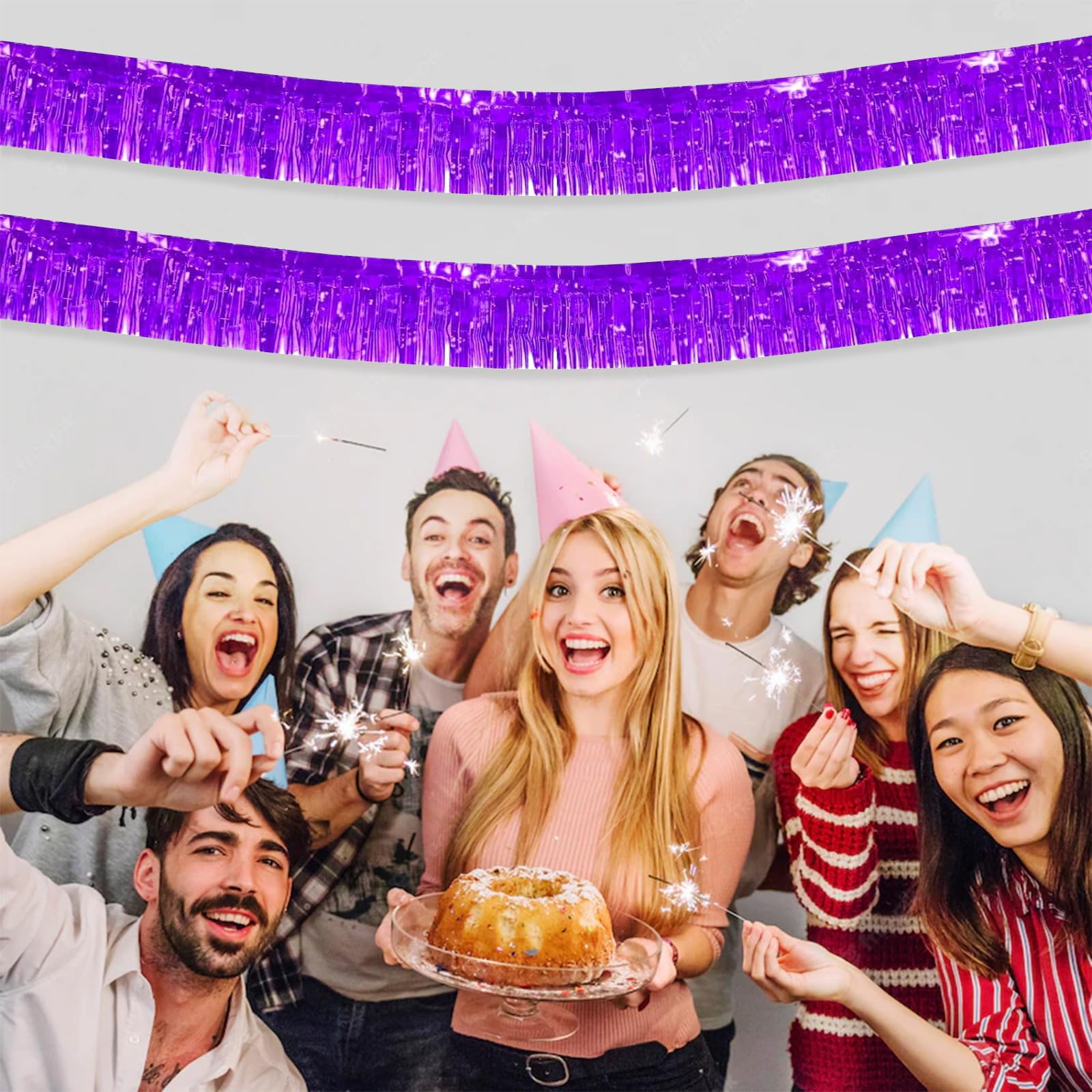 Paquete de 12 guirnaldas de flecos de papel de aluminio metálico de 10 pies, pancarta de oropel para colgar en la pared, color morado para flotadores de desfile, bodas, cumpleaños, Navidad