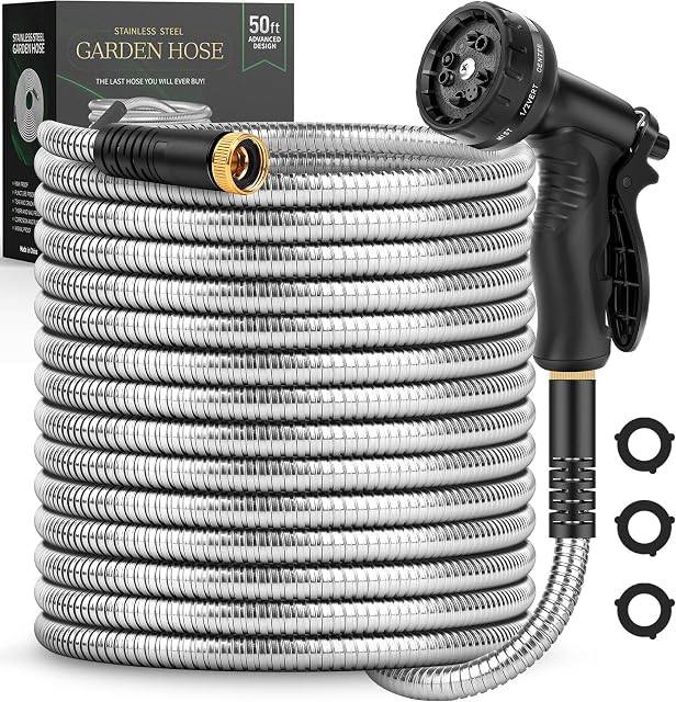 Couche de jardin 50 FT, Trou d'eau en acier inoxydable métallique avec 10 Buses de fonction, Pas de Kinks, Flexible tuyau, Léger, Puncture Proof, lourd tuyau pour la cour et l'extérieur