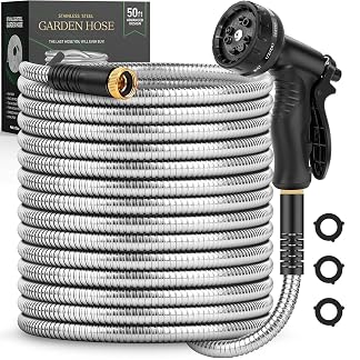Garden Hose 50 FT, Metal Stainless Steel Water Hose with 10 Function Nozzle