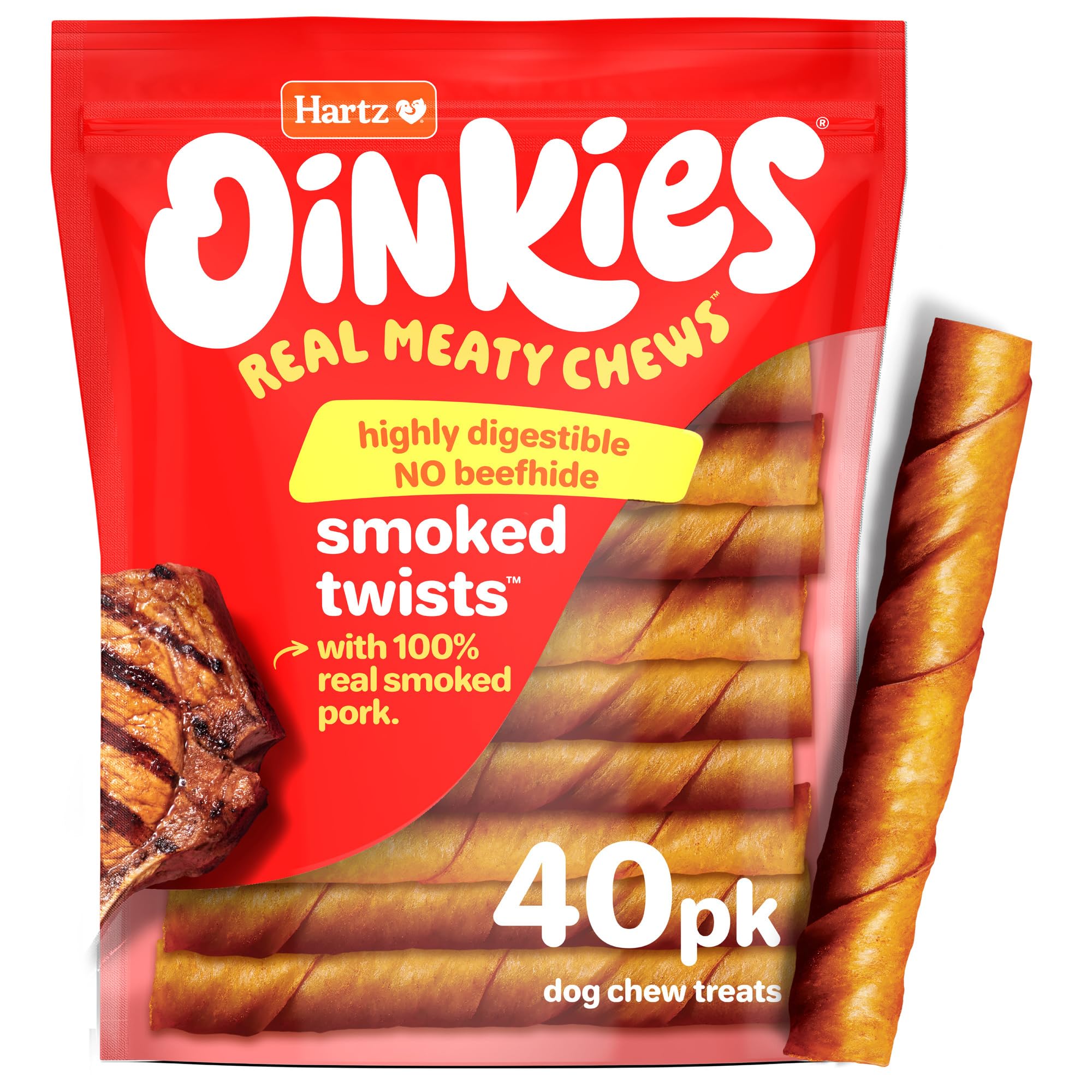 Hartz Oinkies Smoked Twists with Naturally Smoked Pork Rawhide-Free Dog Treats, Highly Digestible Long Lasting Dog Chews, 40 Count