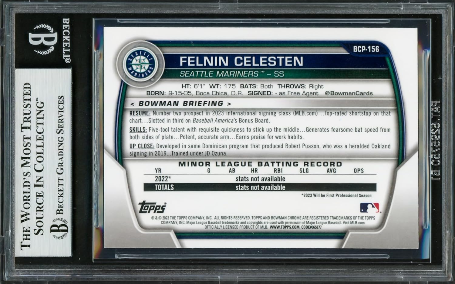 Felnin Celesten Autographed 2023 1st Bowman Chrome Rookie Baseball Card #BCP156 S.e.a.t.t.l.e Mariners Beckett BAS Stock #227988