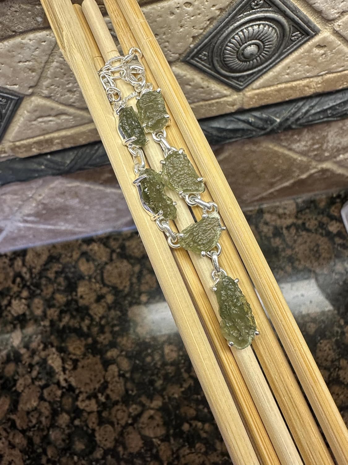 Natural Raw Green Moldavite 925 Sterling Silver Necklace 17" - Image 2