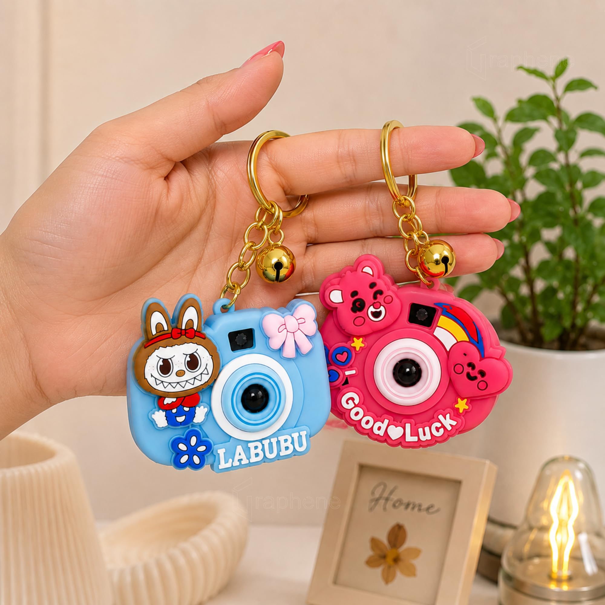 GRAPHENE Cartoon Projection Real Camera Keychain Cute Bell Charm Multicolor Mini Key Ring Bag Tag Car Home Light Projector Toy for Kids 5-10 Years Girls Boys Kitty Birthday Return Gifts (Pack of 2)-image-45