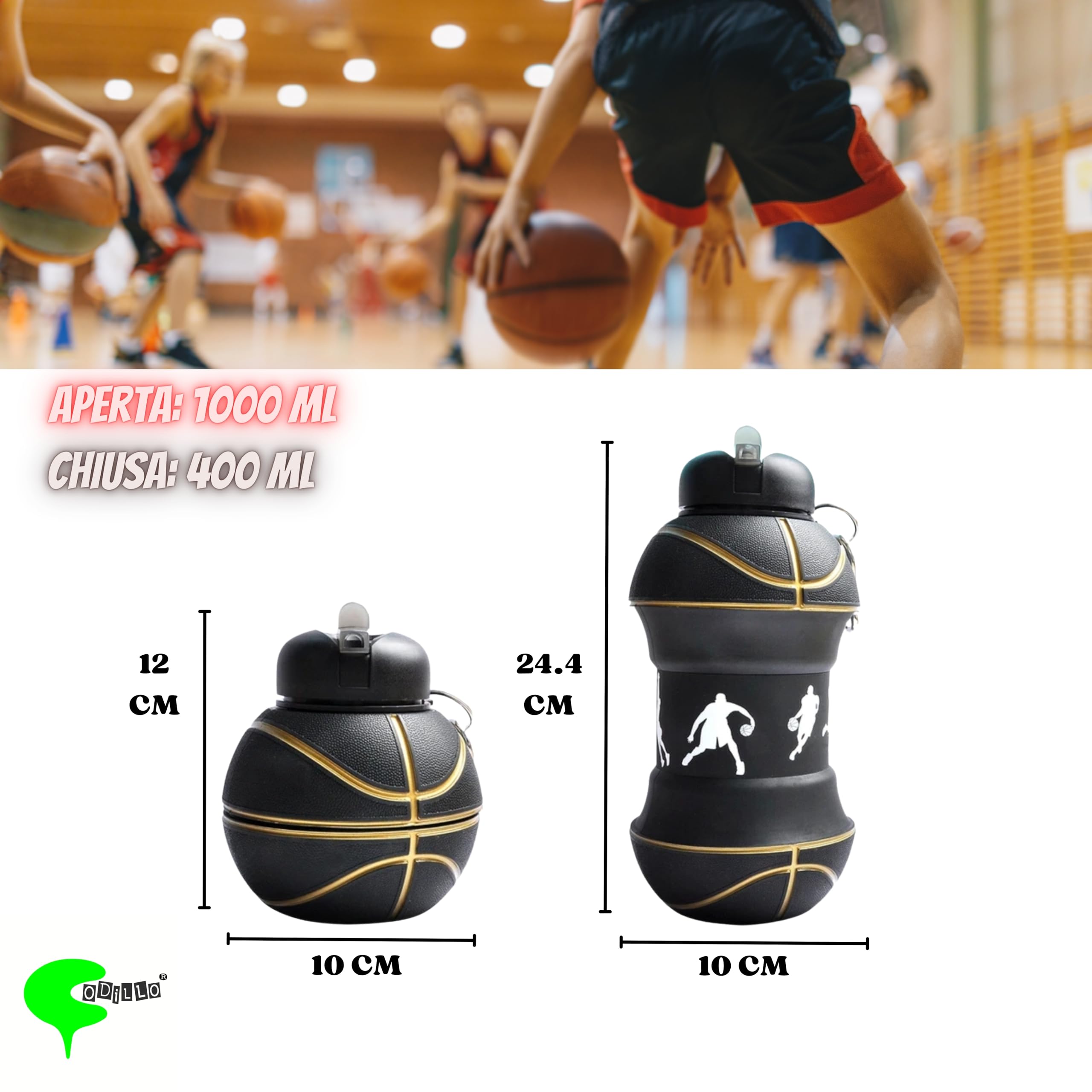 Borraccia, Gourde pour Enfants Pliable en Silicone Sans BPA, Idée Cadeau (1 Litre, Panier Noir)