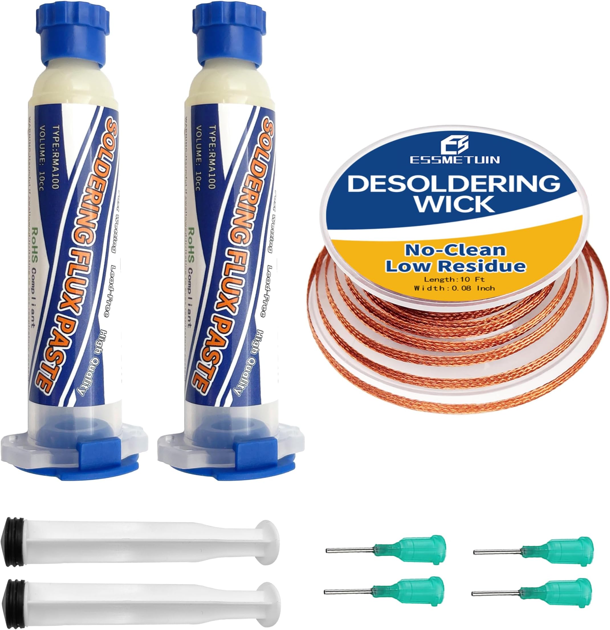 No Clean Soldering Flux Paste & Solder Wick, Solder Flux for Electronics Soldering 10cc/Bottle (2PACK), 10Ft Desoldering Wick Braid Remover Solder