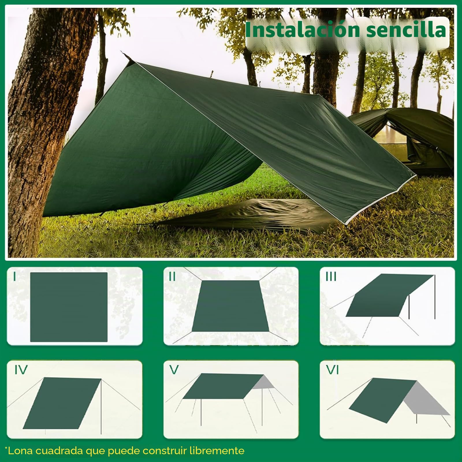 Toldo de Refugio Camping 3x3M, Toldo Camping Impermeable,Tienda de Campaña Tarp con 6 Cuerdas,6 Clavos de Tierra,2 Bolsa de Guarda,Lona Protectora Anti-UV para Vivac, Picnic, Playa, Hamaca