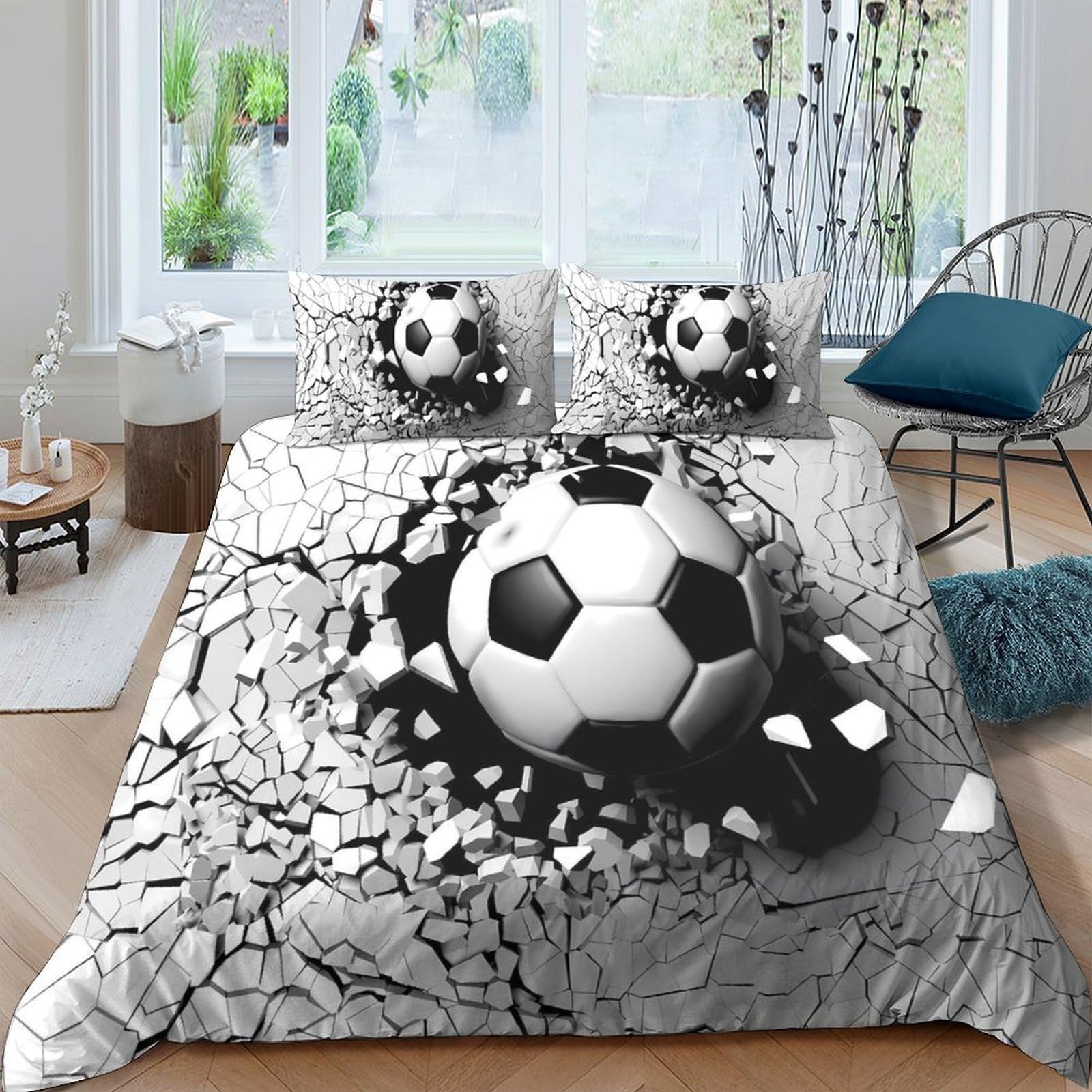 Ctjqhvkz Style-3 3D Printed Soccer Ball Fitted Sheet Microfiber Soft Black White Cracked Ground Bed Cover For Bedroom Dorm Decor Single（135X200cm）
