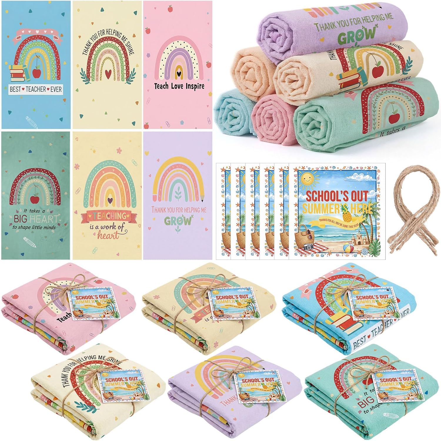 Mindsoft Rainbow Teacher Appreciation Beach Towels - 12pc Bulk Set with Thank You Cards, End of Year Gifts for Teachers & Summer Essentials