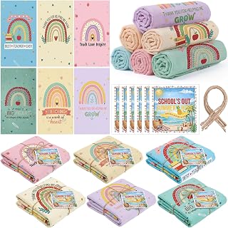Mindsoft Rainbow Teacher Appreciation Beach Towels - 12pc Bulk Set with Thank You Cards, End of Year Gifts for Teachers & Summer Essentials