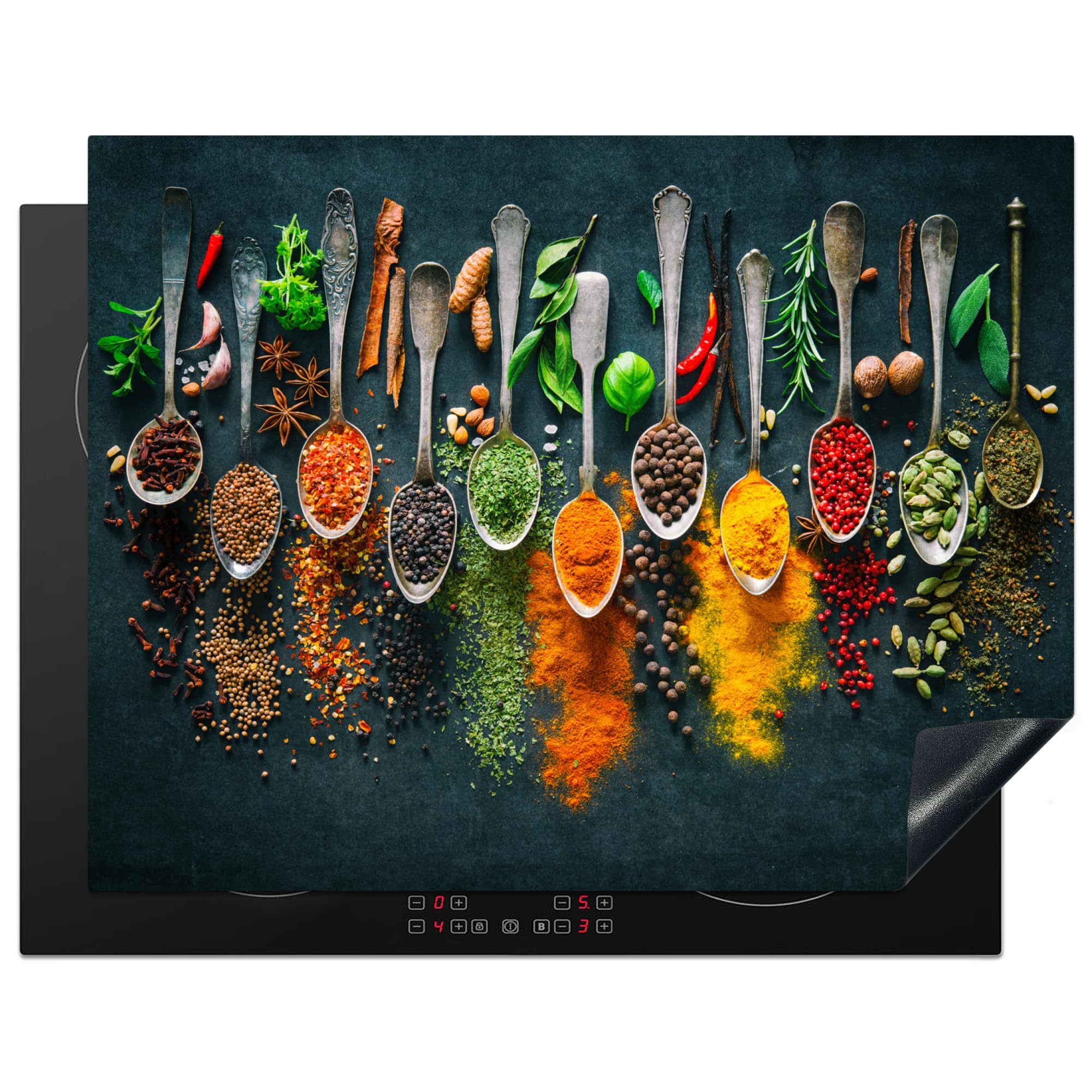 KitchenYeah© Induction Hob Protector Mat 23.2"x30.3" / 77x59 cm Cooker Top Protectors Cover Ceramic Covers Electric Hobs Vinyl Herbs - Spices - Spoons