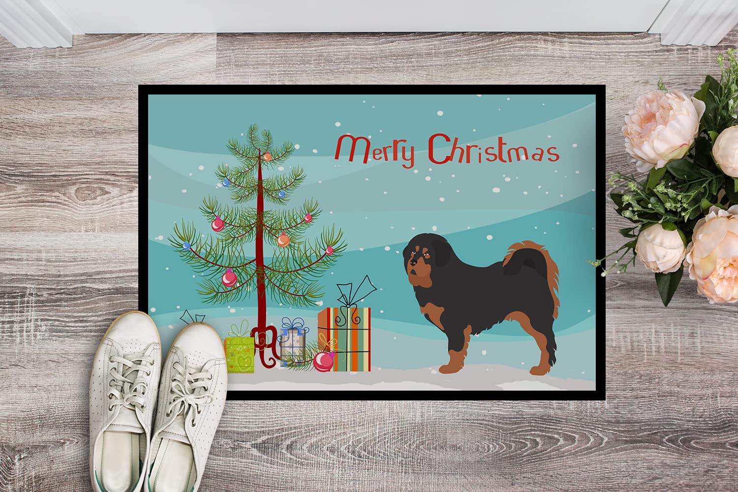 Caroline's Treasures BB8488MAT Tibetan Mastiff Christmas Doormat 18x27 Front Door Mat Indoor Outdoor Rugs for Entryway, Non Slip Washable Low Pile, 18H X 27W
