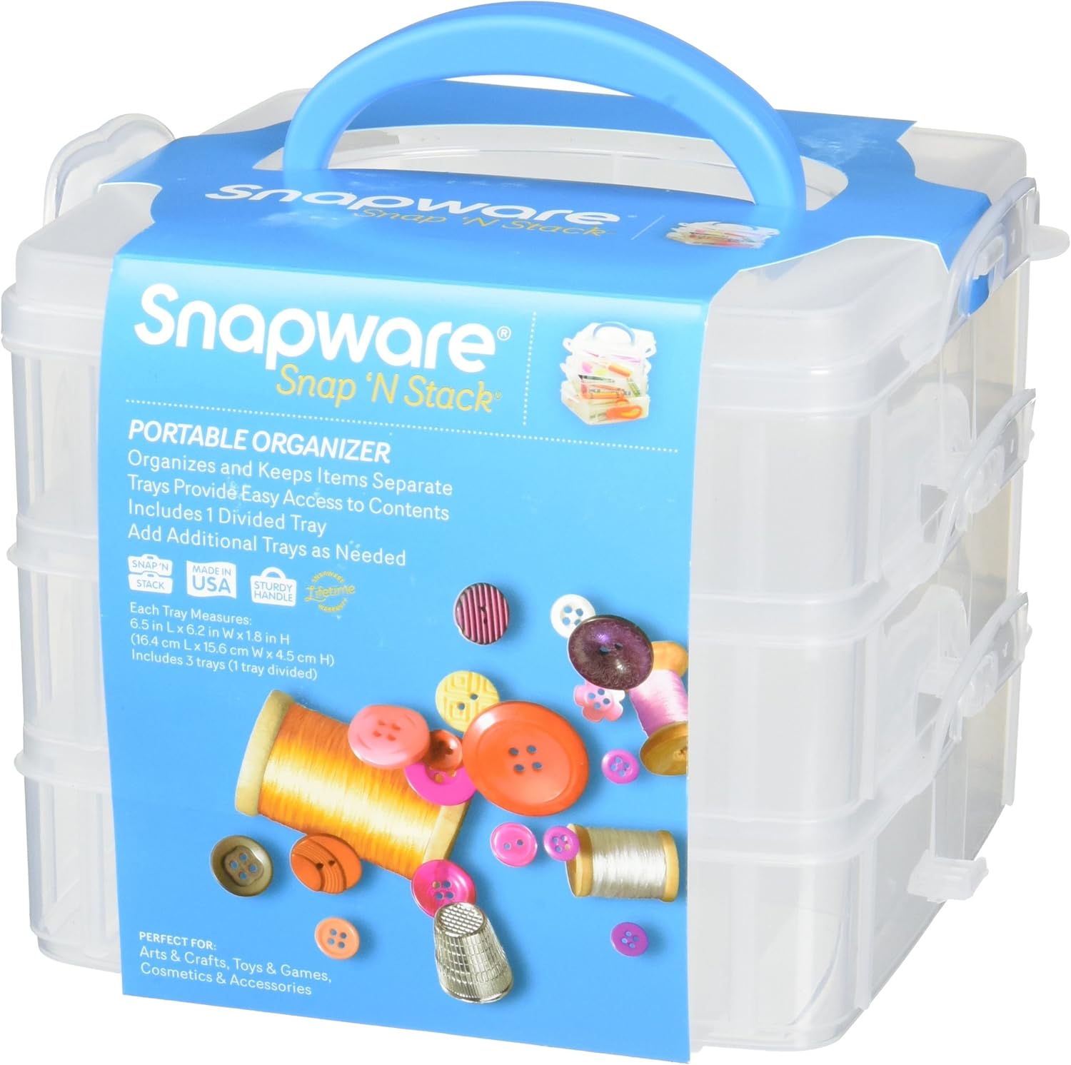 Snapware Snap 'N Stack Portable Storage Bin for Tools and Craft Storage, 14.1 x 10.5-Inch Clear BPA-Free Container, Tool Box with Stackable Trays, Microwave, Freezer and Dishwasher Safe