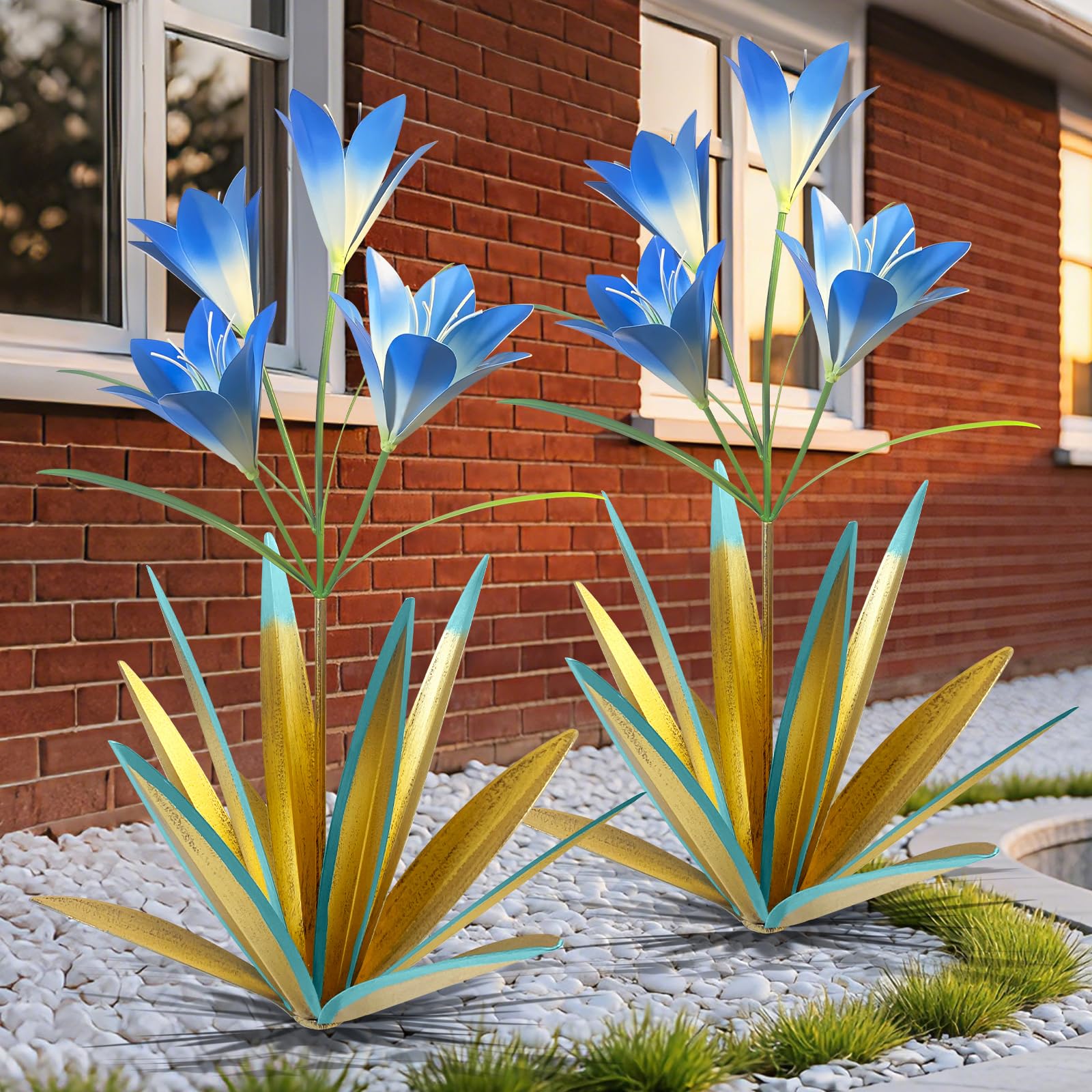TOMBABY 32.28 Inch Metal Agave Plant Outdoor Decoration Lily Mexican Yard Art Garden Gift Home Decor Hand Painted Metal Agave Garden Yard Statue (2pc, Blue)