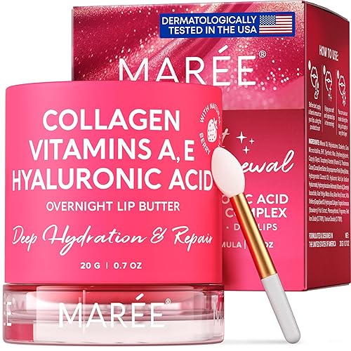 MAREE Máscara labial con ácido hialurónico y aceite de coco, manteca de labios de colágeno durante la noche para nutrir e hidratar los labios secos