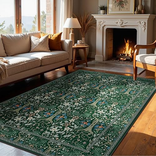 Joydeco Washable 5x7 Area Rugs for Living Room, Boho Dark Green Floral Rug Non Slip, Soft Low-Pile Botanical Forest Indoor Floor Throw Carpet for Office Dining Table Playroom Dorm