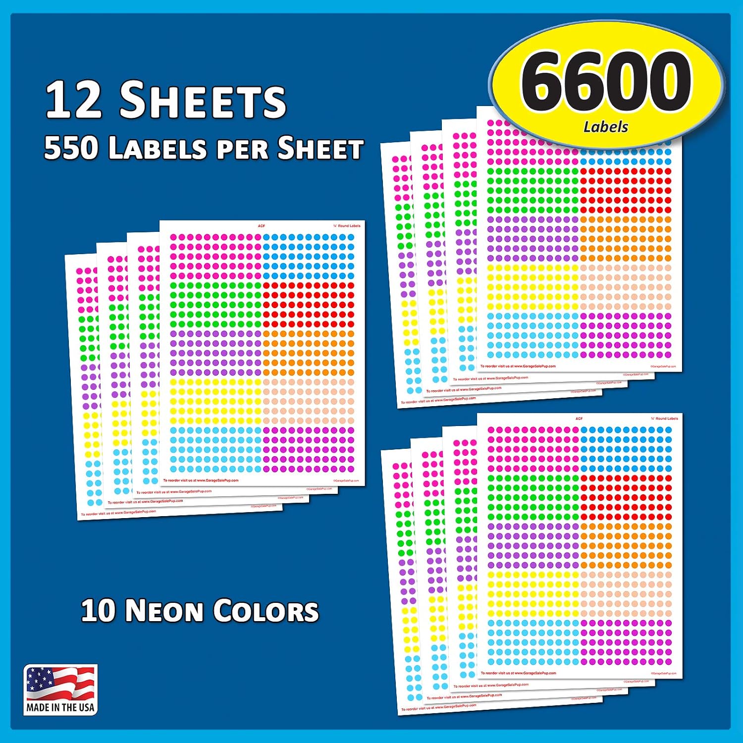 Pack of 6600 1/4" Round Color Coding Circle Dot Labels, 10 Bright Neon Colors, 8 1/2" x 11" Sheet, 0.25 in.
