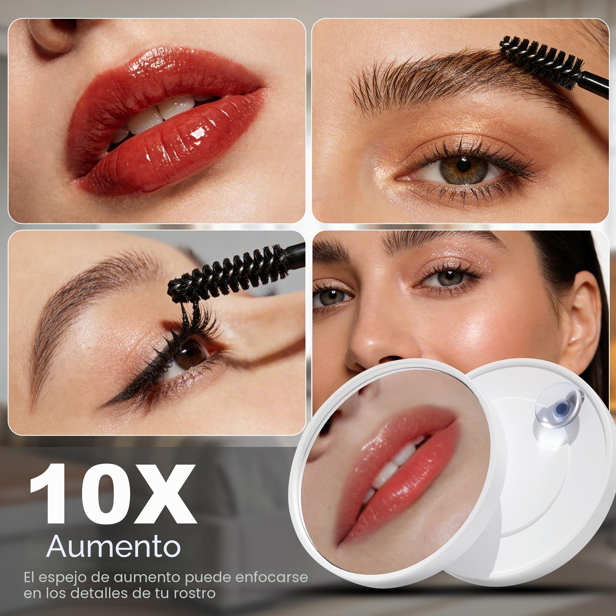 Espejo de Maquillaje con Luz Hollywood 50x42 cm, Espejo Tocador con 14 Bombillas LED Regulables, 3 Modos de Color, Puerto de Carga USB, Control Táctil y Espejo de Aumento 10X, Sobremesa o Pared, Blanc