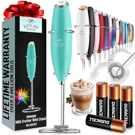 Zulay Original Milk Frother Handheld Foam Maker for Lattes - Whisk Drink Mixer for Coffee, Mini Foamer for Cappuccino, Frappe, Matcha, Hot Chocolate by Milk Boss (Metallic Blue)