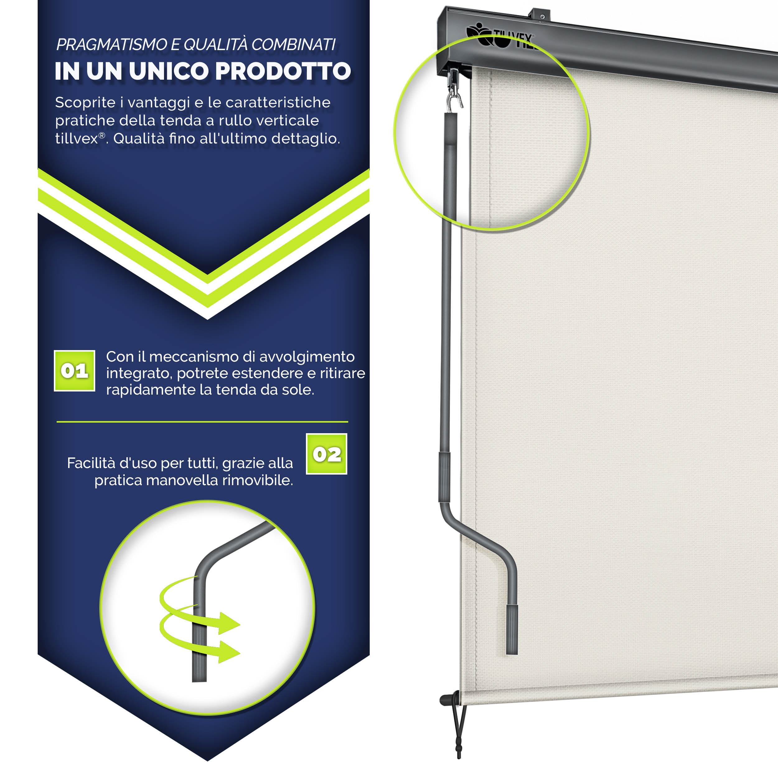 tillvex® Tenda da sole verticale per interni ed esterni, impermeabile, con manovella, per balcone, terrazza e giardino, tenda parasole in alluminio (beige, 250 x 200 cm)