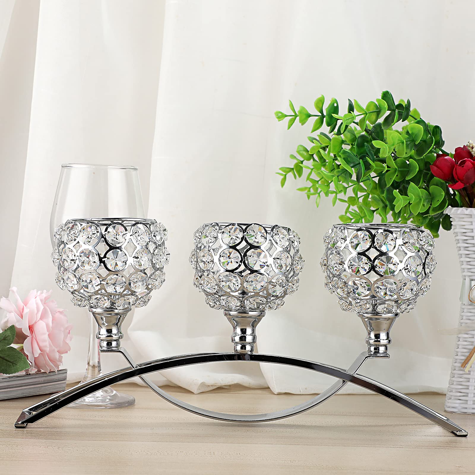SUMNACON Bougeoir décoratif à 3 bras en cristal argenté - Pour Noël, Halloween, mariage, dîner, maison, bureau