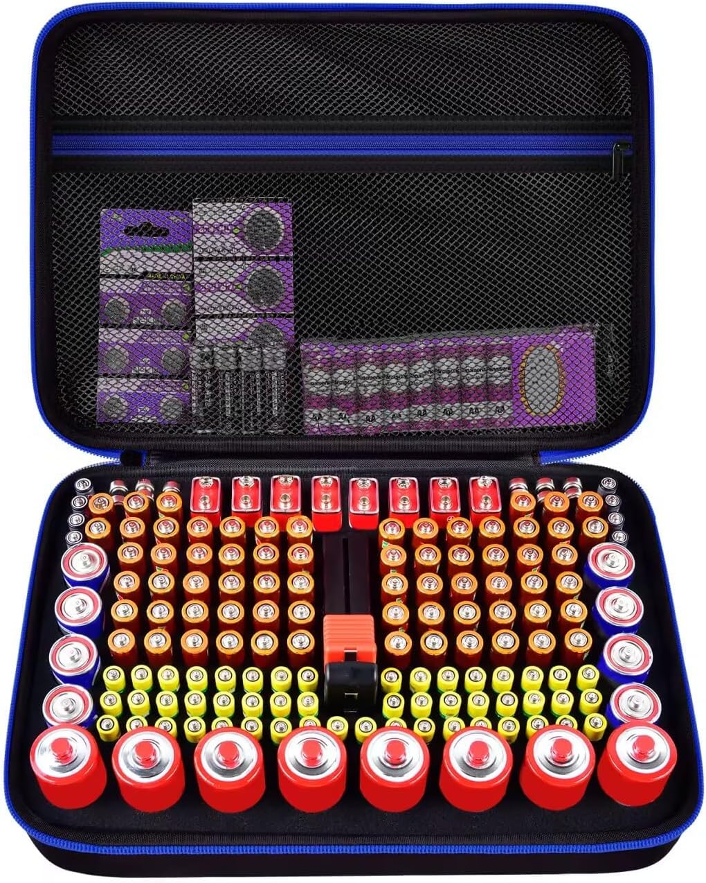 casmilee Storage Case & Battery Organizer with Tester for 162+ AA AAA 4A C D 9V 3V Lithium LR44 CR2 CR123 CR1632 CR2032 18650 Button - Batteries Not Included Blue