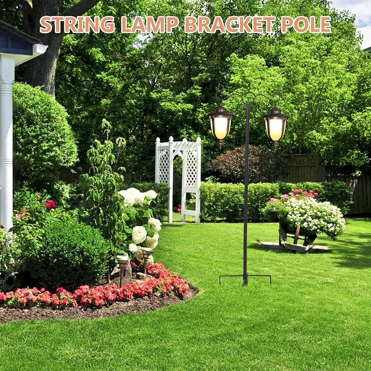 46" Outdoor String Light Pole with Shepherd’s Hook for Garden and Patio, Heavy Duty Steel Hanging Stand for String Lights, Bird Feeders, and Plant Baskets
