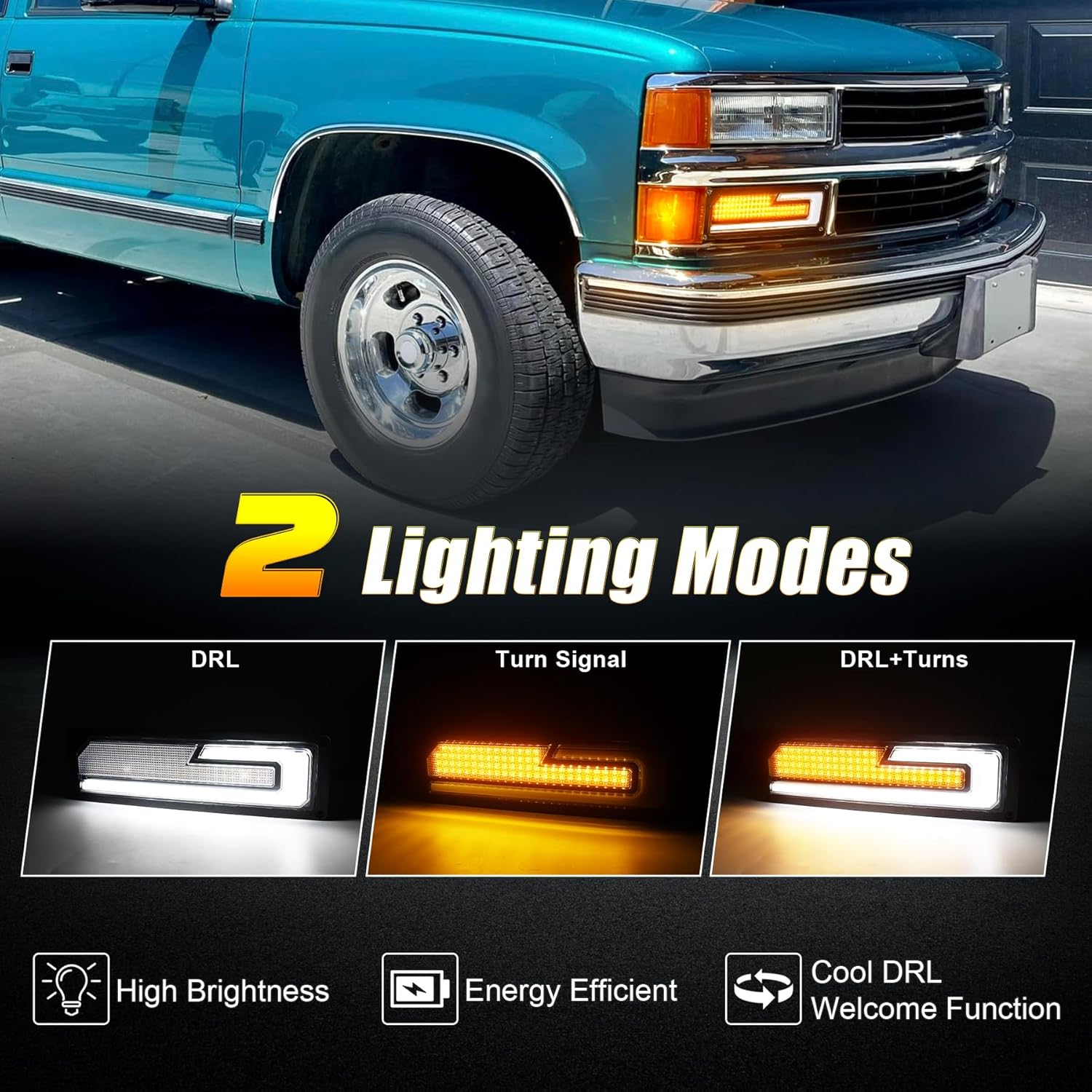 LED Amber Turn Signal Lights with Resistors Multi-Orientation Mounting Right Passenger Side Compatible with 1988-1998 Chevy GMC C/K1500 C/K2500 C/K3500 Suburban Tahoe Yukon