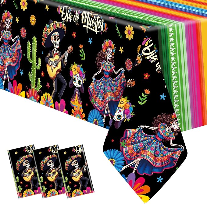 3-Piece 54 x 108 Inch Day of the Dead Plastic Tablecloth Disposable Dia de Muertos Sugar Skull Dancing Skeleton Rectangle Table Covers for Mexican Fiesta Halloween Party Decorations